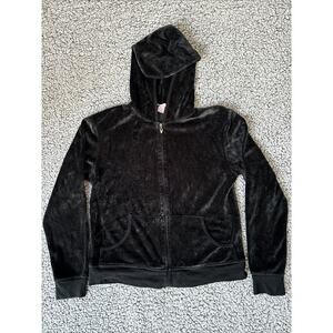 Victoria’s Secret Sz M Black Hooded Full Zip Velour Jacket Logo Zipper V